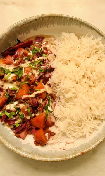 Braised Cabbage with Apple, Squash and Lentils Drizzled with Tahini Dressing