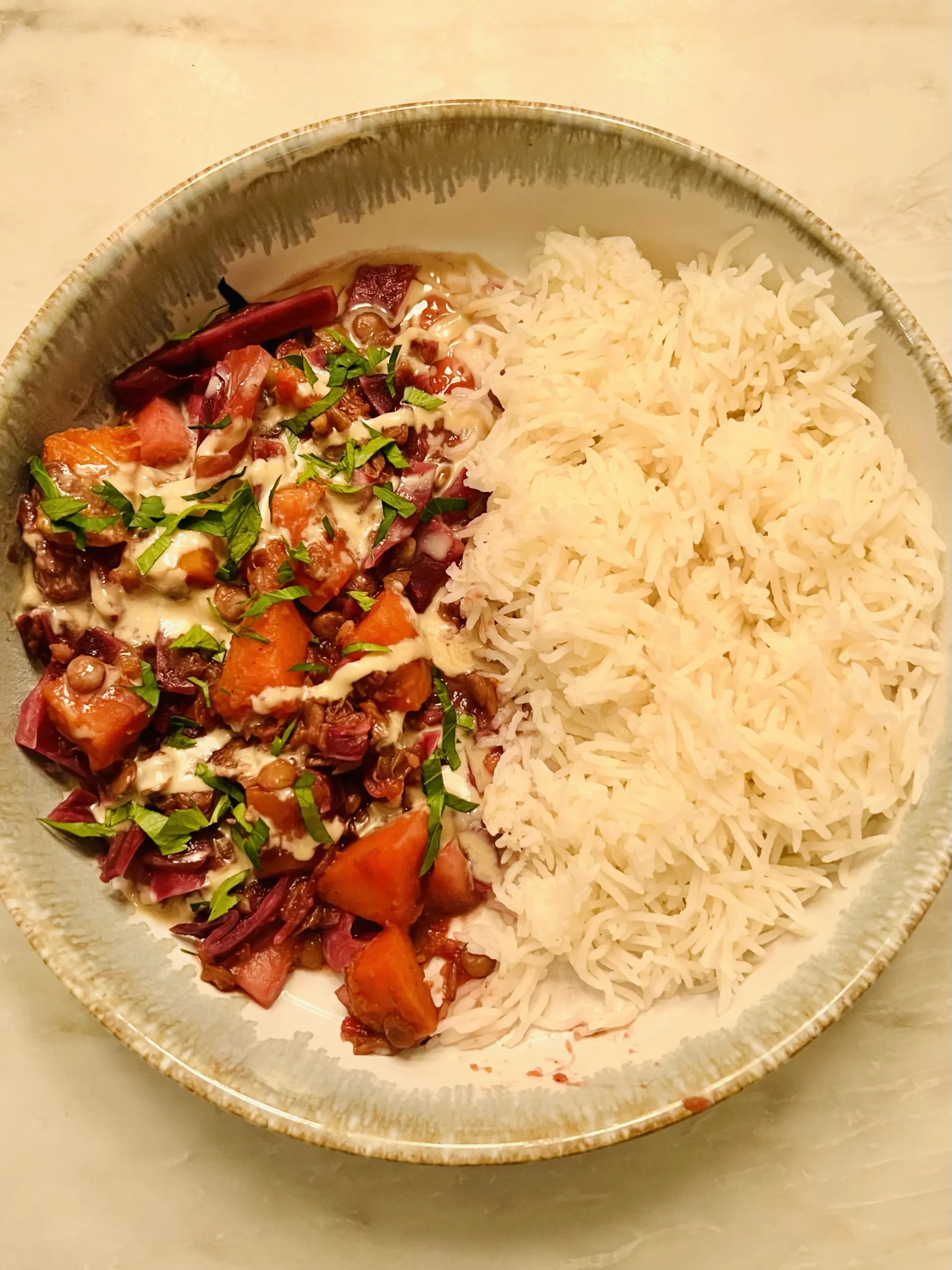 Braised Cabbage with Apple, Squash and Lentils Drizzled with Tahini Dressing