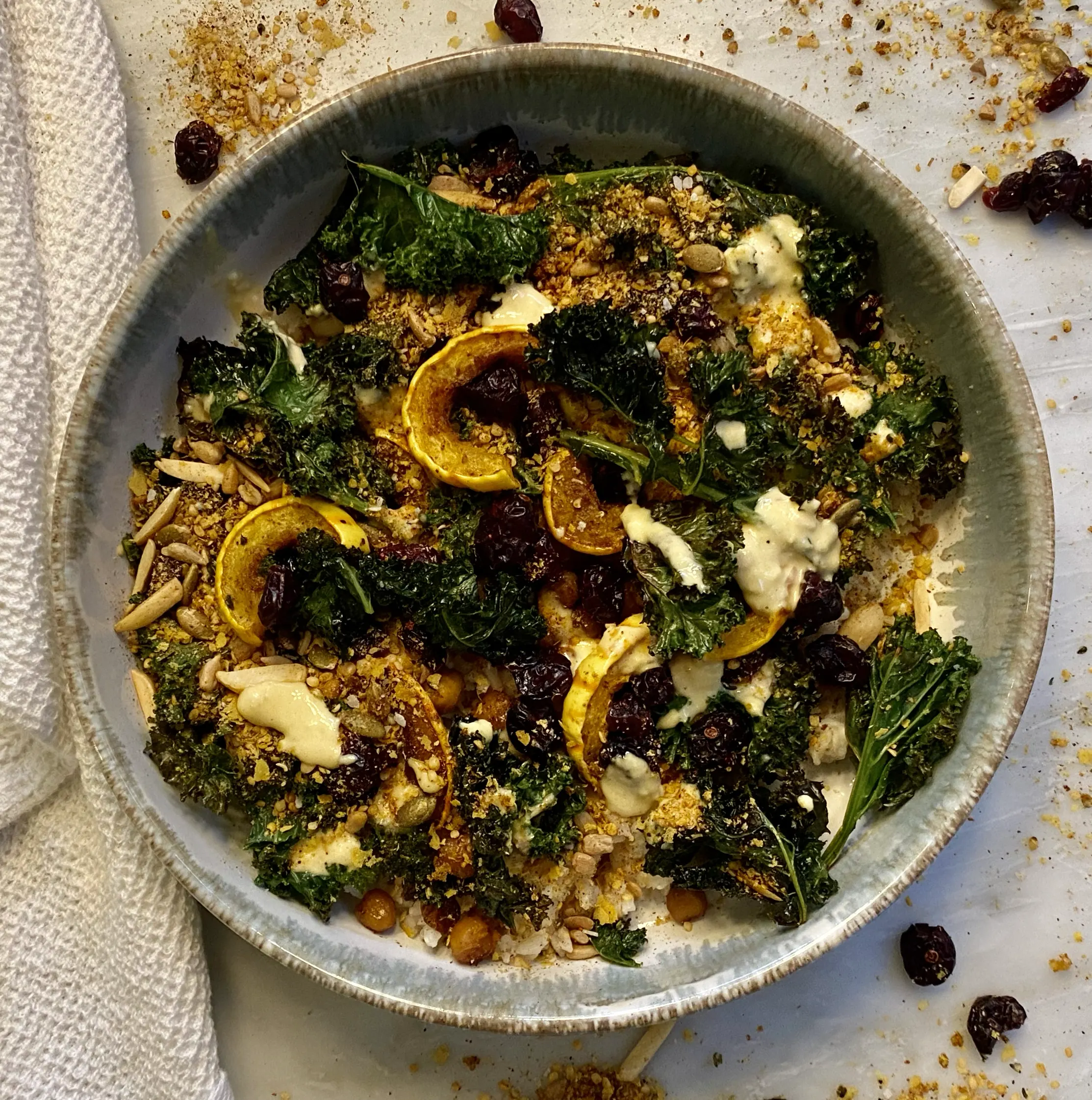 Roast Delicata Squash, Chickpea and Kale and Harvest Bowl