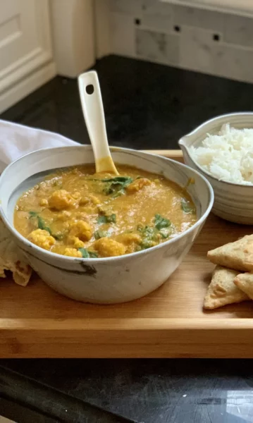 Red Lentil Curry with Spinach and Roast Cauliflower