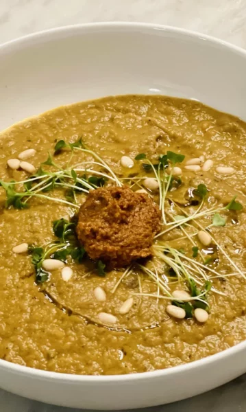 Roast Vegetable Soup with Sun-Dried Tomato Pesto