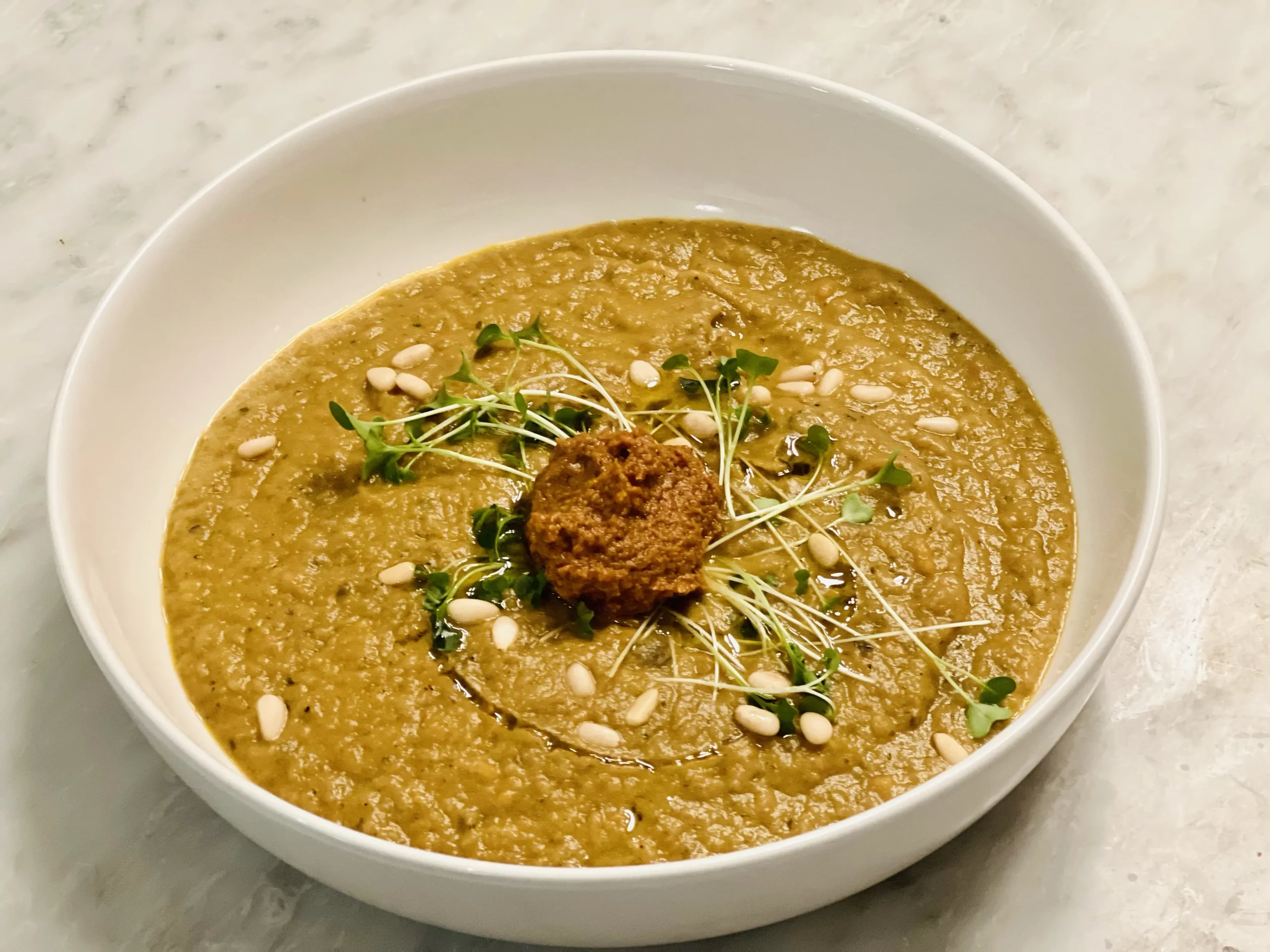 Roast Vegetable Soup with Sun-Dried Tomato Pesto