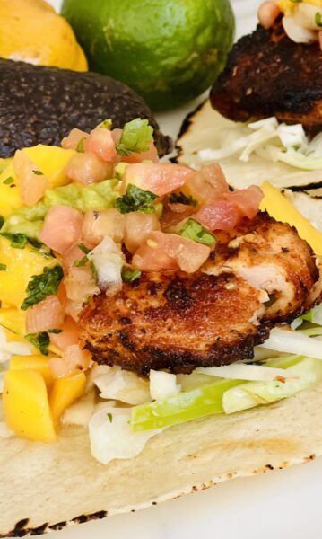 Blackened Cajun Salmon Tacos with Mango Guacamole